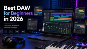 Logic Pro, GarageBand, FL Studio and Ableton interfaces arranged around a laptop for a beginner DAW comparison