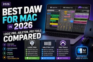 Logic Pro, Ableton Live and Pro Tools interfaces compared across three Mac screens