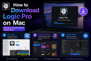Logic Pro download workflow showing the Mac App Store, Creator Studio and Sound Library