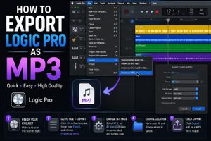 Logic Pro export menu and MP3 settings used to save a project as an MP3