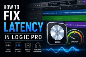 Logic Pro project timeline with latency meter and controls for buffer, plugins and monitoring