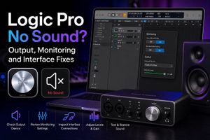 Logic Pro mixer, monitoring settings and audio interface used to diagnose no sound