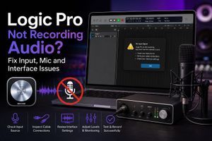 Logic Pro input warning, microphone and audio interface used to troubleshoot recording
