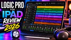 Logic Pro for iPad multitrack project displayed on an iPad with headphones