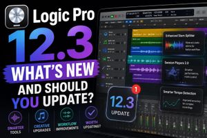 Logic Pro 12.3 interface with Enhanced Stem Splitter, Session Players and tempo detection