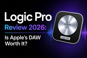 Logic Pro 12 open on a Mac with the review verdict — is Apple's $199.99 DAW worth it in 2026