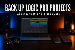 Logic Pro project backup with a MacBook and two external drives in a music studio