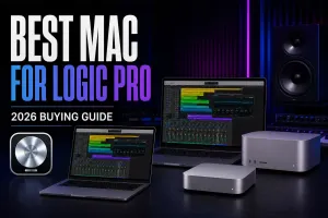 MacBook Air, MacBook Pro, Mac mini and Mac Studio arranged for a Logic Pro buying guide