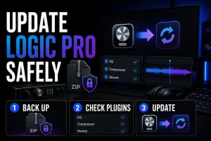 Logic Pro safe update workflow with app backup and plugin compatibility checks