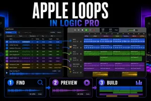 Apple Loops workflow in Logic Pro from Loop Browser search to a multitrack song arrangement