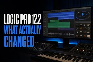 Logic Pro 12.2 update overview with a dark studio workstation