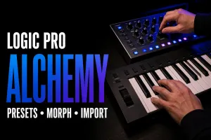 Hands playing a MIDI keyboard and shaping a hardware controller for an Alchemy workflow in Logic Pro