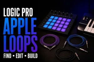 Physical MIDI pad controller, compact keyboard and coiled studio cables representing Apple Loops in Logic Pro