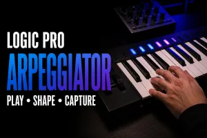 Hand playing a chord on a MIDI keyboard for a Logic Pro Arpeggiator workflow