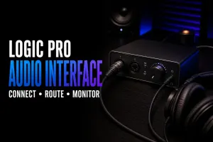 Logic Pro audio interface setup with XLR microphone and wired headphones