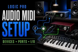 Audio and MIDI devices connected for Logic Pro setup