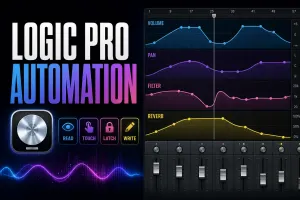 Logic Pro-style automation lanes for volume, pan, filter cutoff, reverb send and mute above a control surface