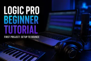 Logic Pro beginner tutorial studio with Mac, MIDI keyboard, microphone and headphones