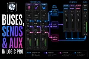 Logic Pro mixer routing with track sends, glowing buses, aux returns, shared effects and a drum subgroup