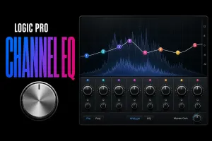 Logic Pro Channel EQ interface with eight bands, spectrum analyzer, filter curve, Q controls and Master Gain