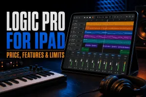 Logic Pro for iPad review with a multitrack session, MIDI keyboard and studio headphones