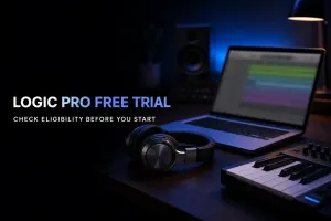 Logic Pro free trial guide with Mac, headphones and MIDI keyboard in a home studio