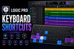 Mac-style keyboard with illuminated Logic Pro recording and editing shortcut keys on a music production desk