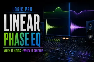 Linear Phase EQ curve and transient waveform in a Logic Pro mastering workflow