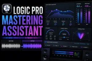 Logic Pro-style mastering display with corrective EQ, LUFS, dynamics, true peak, stereo width and correlation meters