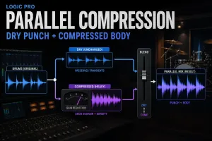 Logic Pro parallel compression routing with dry and compressed paths blended together