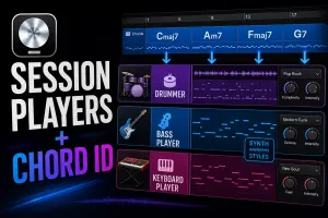 Logic Pro-style Chord track driving color-coded bass, keyboard, synth and drummer Session Player regions