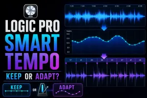 Logic Pro-style Smart Tempo analysis turning a free acoustic guitar performance into a tempo map and aligned beat grid