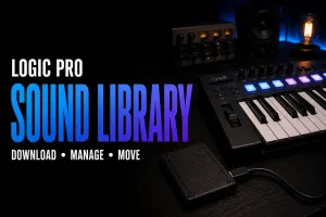 Logic Pro Sound Library setup with a MIDI keyboard and external SSD
