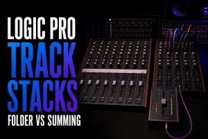 Logic Pro Track Stacks cover with grouped mixer channels and a subgroup fader