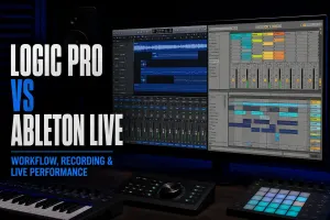Logic Pro and Ableton Live workflows compared on a studio monitor