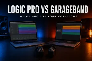 Logic Pro and GarageBand compared on two Mac laptops in a dark home studio