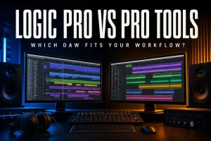 Logic Pro vs Pro Tools comparison in a professional recording studio