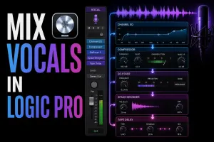 Logic Pro-style vocal channel with EQ, compressor, de-esser, reverb, delay and automation displayed in a dark studio