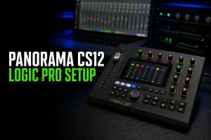 Panorama CS12 motorized fader controller in front of a Logic Pro session
