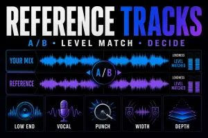Level-matched A B comparison between a Logic Pro mix and reference track
