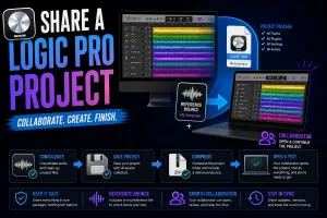 Consolidated Logic Pro-style project package transferred from a studio workstation to a collaborator laptop