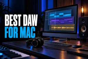 Dark Mac music-production studio cover reading Best DAW for Mac beside an abstract multitrack workstation