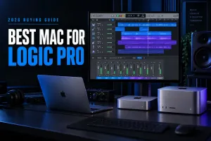 Best Mac for Logic Pro 2026 buying guide with MacBook Air, Mac mini, Mac Studio and a Logic Pro project