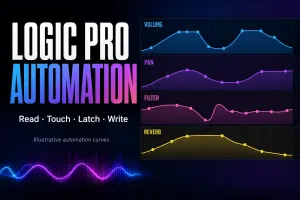 Illustrative automation curves for volume, pan, filter and reverb in Logic Pro