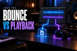 Logic Pro themed studio cover reading Bounce vs Playback beside a laptop, audio-file icon and headphones illustrating two playback paths