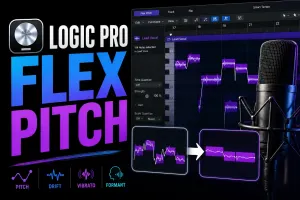 Vocal pitch contours at different note pitches beside a microphone for Logic Pro Flex Pitch