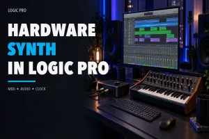 Hardware synthesizer, audio interface and Logic Pro session connected for MIDI and audio routing