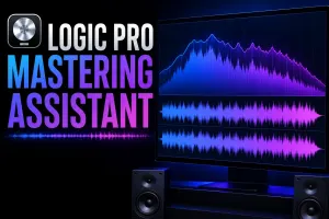 Conceptual stereo waveform and spectrum beside studio speakers for Logic Pro Mastering Assistant