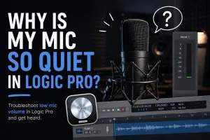 Quiet microphone troubleshooting in Logic Pro with a microphone and low-level meter