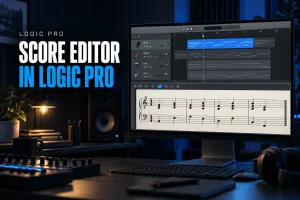Logic Pro Score Editor showing a MIDI arrangement and readable piano notation